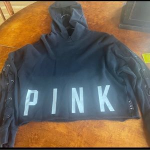 PINK black cropped hoodie long sleeve crisscross sleeves